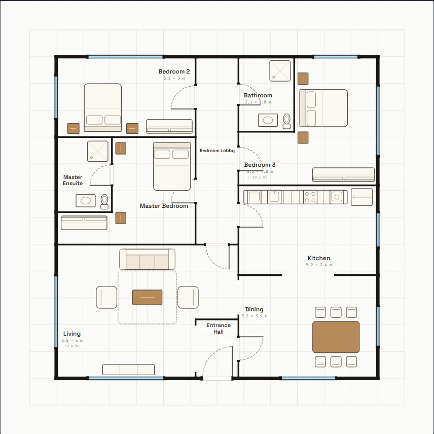 3-bedroom apartment · 12 × 12 m example boundary