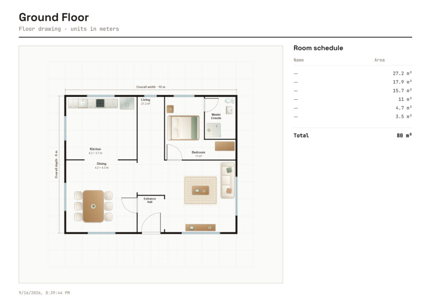 Furnished one-bedroom apartment plan with dimensions