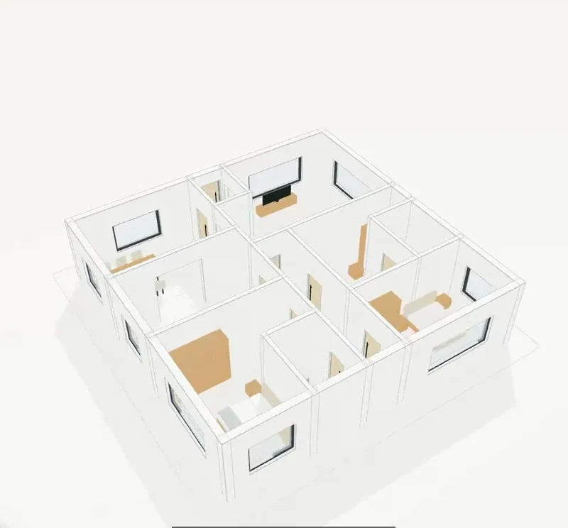An apartment concept viewed in 3D in VillaBrix, showing its rooms, doors and windows.
